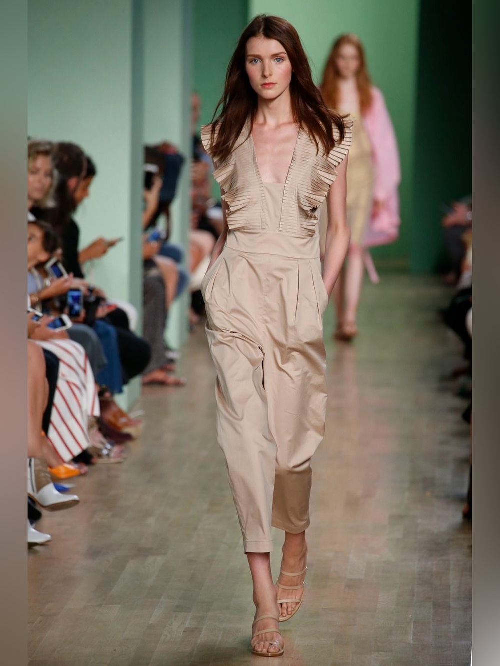 Tibi Beige Pleated Ruffled V-Neck Jumpsuit Sz 2 Tapered Leg Smooth Poplin Cotton